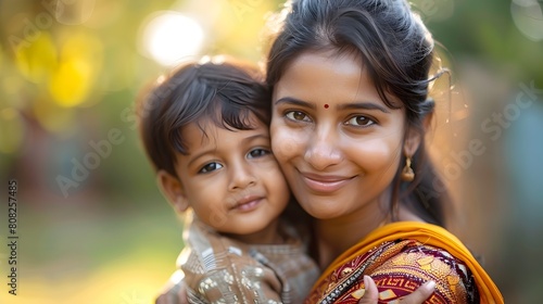 Loving Indian Mother Embracing and Cuddling Her Adorable Smiling Young Son with Heartwarming Affection and Tenderness photo