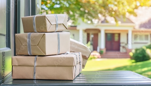 Packages delivered at Front Door on the Porch - Growth in E-commerce Sales - Online Shopping - Package Theft from Front Doors - Pressure on Postage due Increase of E-commerce - Parcels Stacked © Eggy