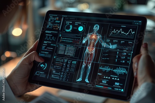 Doctor working digital tablet for medical record of patient on interface DNA medical technology and Innovations in Medical Technology EHR Concept
