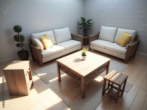 A modern living room featuring a white sofa with yellow cushions, a wooden coffee table, and a small cactus plant.