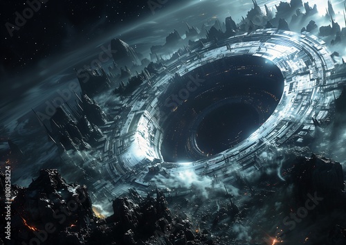 spaceship flying city space station huge hole still frame titan spiraling design ice gate cosmic destruction black circle © Cary