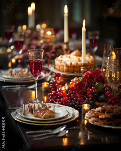 Festive table with candles  candlesticks and glasses of wine