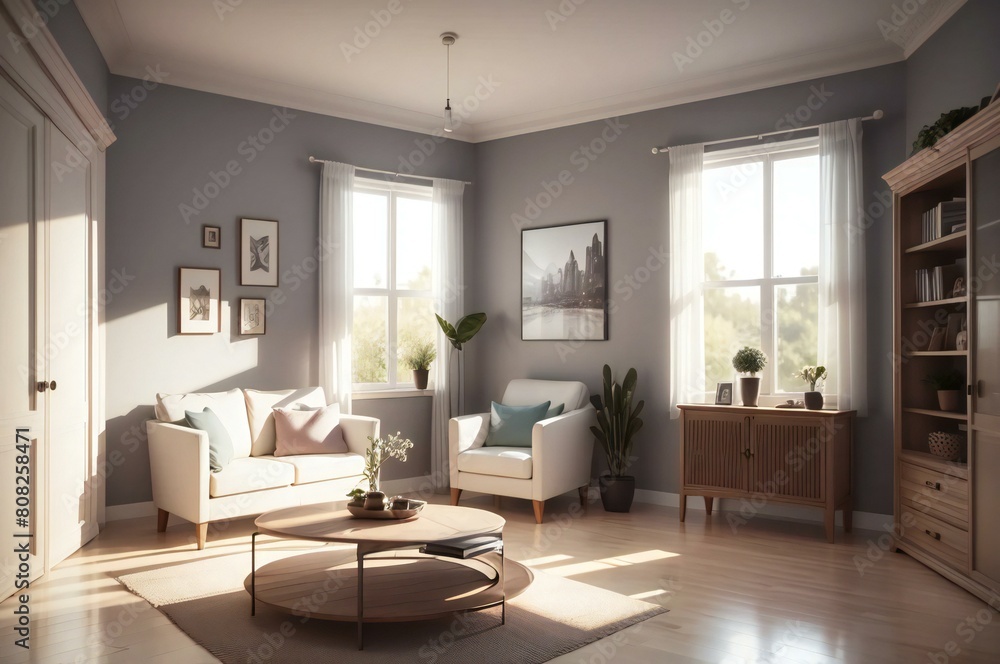 Fototapeta premium Spacious living room interior design with comfortable furniture, ambient lighting, and a serene atmosphere, ideal for relaxation and home comfort