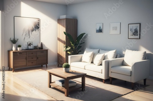 Spacious modern living room featuring a white sofa  wooden furniture  wall art  and a sunny ambiance from natural lighting