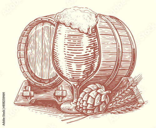 Composition of glass of beer, barrel, ears of wheat and hops. Hand drawn vector illustration. Drawing sketch clipart