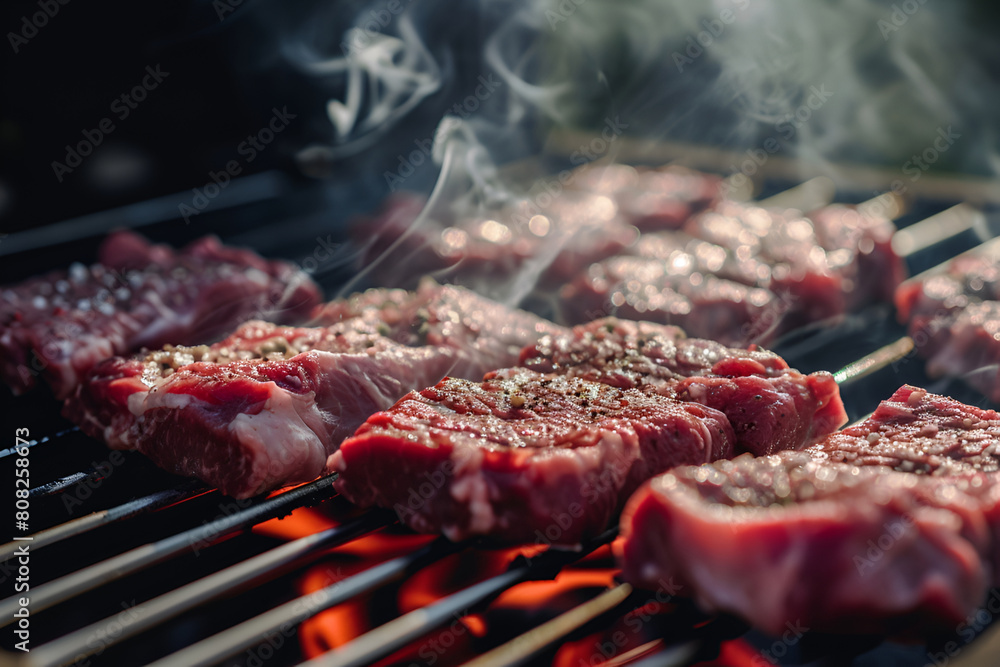 Delectable grilled meat sizzling over charcoal at a picnic barbecue Delectable grilled meat sizzling over charcoal at a picnic barbecue