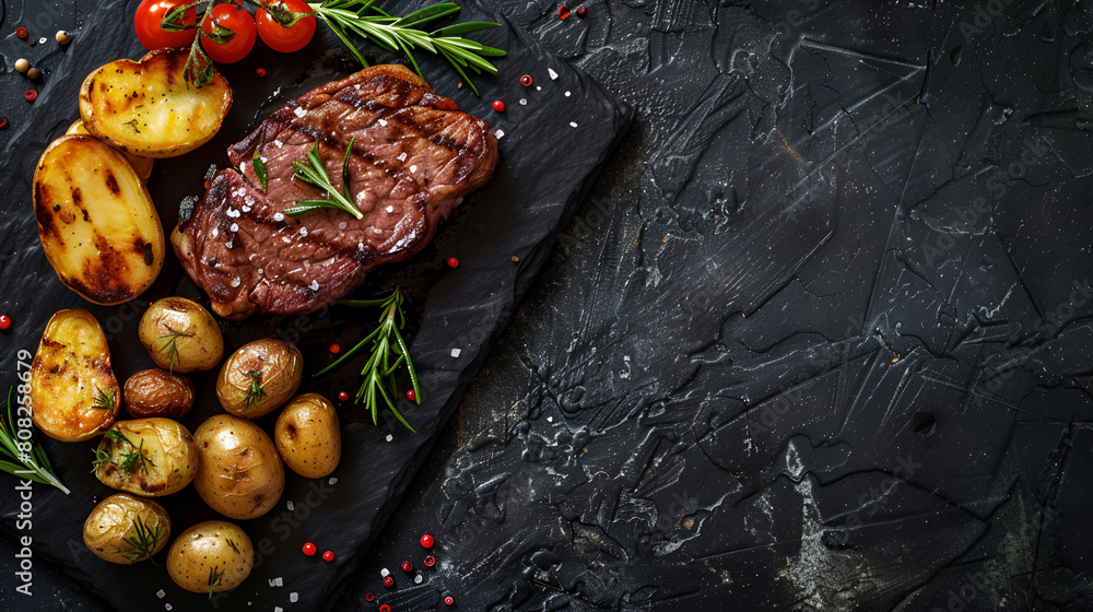 Grilled meat steak with vegetables and spices on a black background