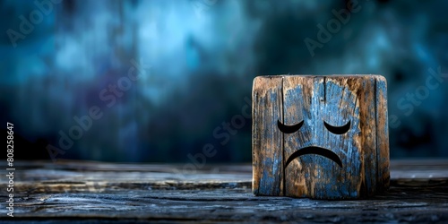 Choose wooden block with sad face symbolizing low energy and depression. Concept Wooden Block with Sad Face photo