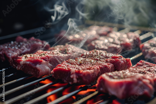 Delectable grilled meat sizzling over charcoal at a picnic barbecue
