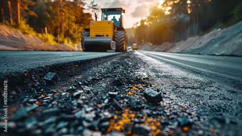 New Asphalt Road Being Laid at Highway Construction Site with Machinery in Sunset Landscape photo