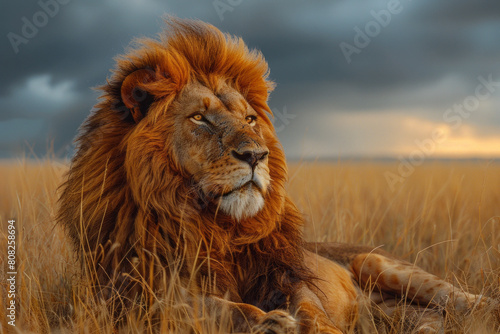 A majestic lion, painted with dramatic lighting and stormy skies, embodying the sublime beauty and terror of nature, © Natalia