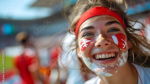 Passionate Female Fan Celebrates Georgia's Team at UEFA EURO Football Match with Painted Face and National Pride