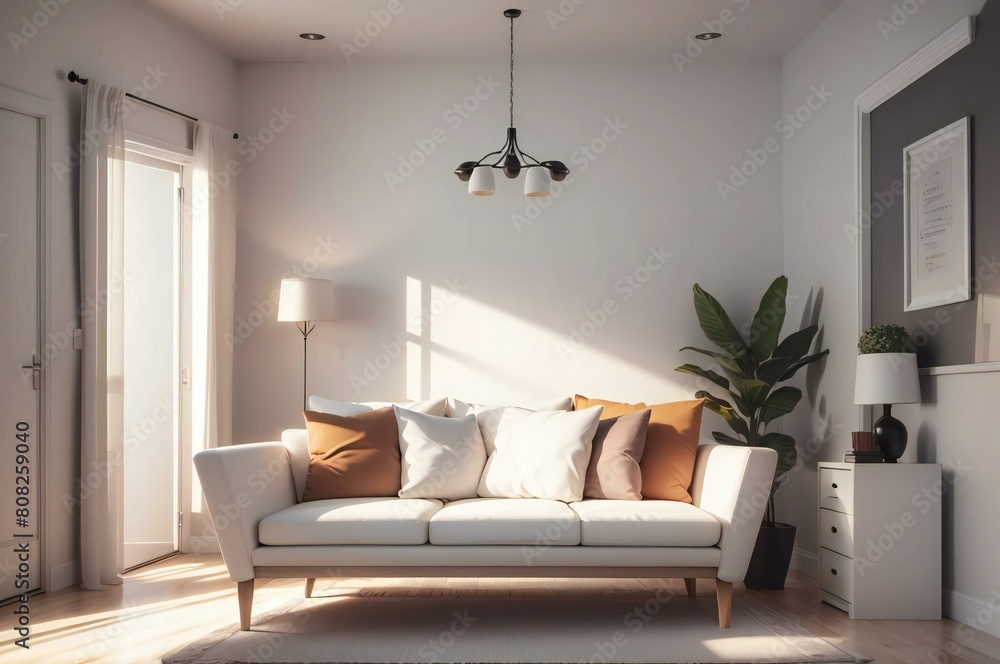 Fototapeta premium Elegantly designed room featuring white couch placed next window, allowing natural light to fill the space.