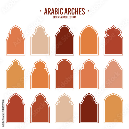 Islamic frames  oriental style objects. Arabic shapes  windows and arches. Traditional ornamental banner  frame. Muslim holidays  Ramadan Kareem. Modern eastern architecture. Vector illustration