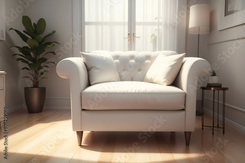 Elegant white sofa in a bright living room with sunlight streaming through the window, complemented by a potted plant and a small side table.
