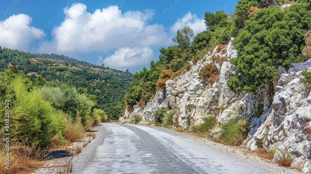 an asphalt road winding through mountainous terrain, flanked by white rocks and lush vegetation under the radiant sun.