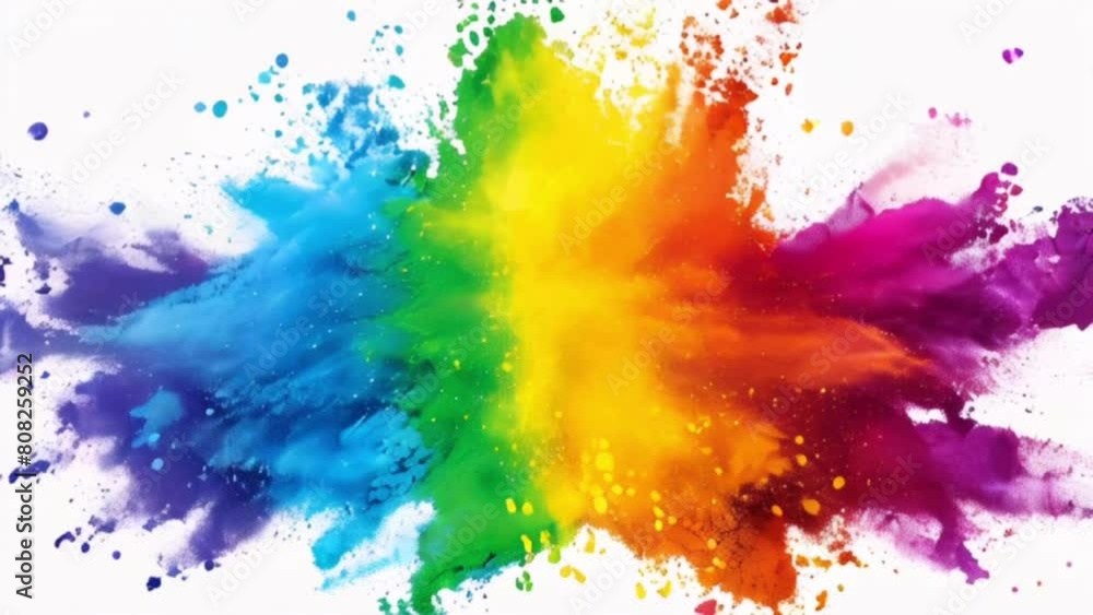 Explosive burst of colored paint powder in rainbow hues isolated on white background. Slow motion