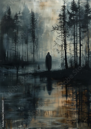 man standing swamp trees background black metal album cover winter evening liquid shadows engulf haunting young woman reflection deep walking towards disappear photo
