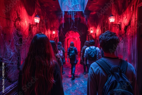 A group of people exploring a haunted house with eerie red lighting and cobwebs, evoking a sense of fear and curiosity © Larisa AI