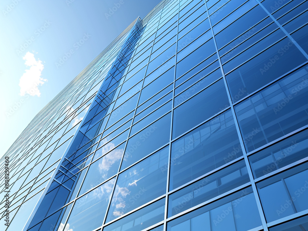 Bottom-up view of modern business office building. Reflective skyscraper with blue sky. Generative AI Bottom-up view of modern business office building. Reflective skyscraper with blue sky. Generative AI