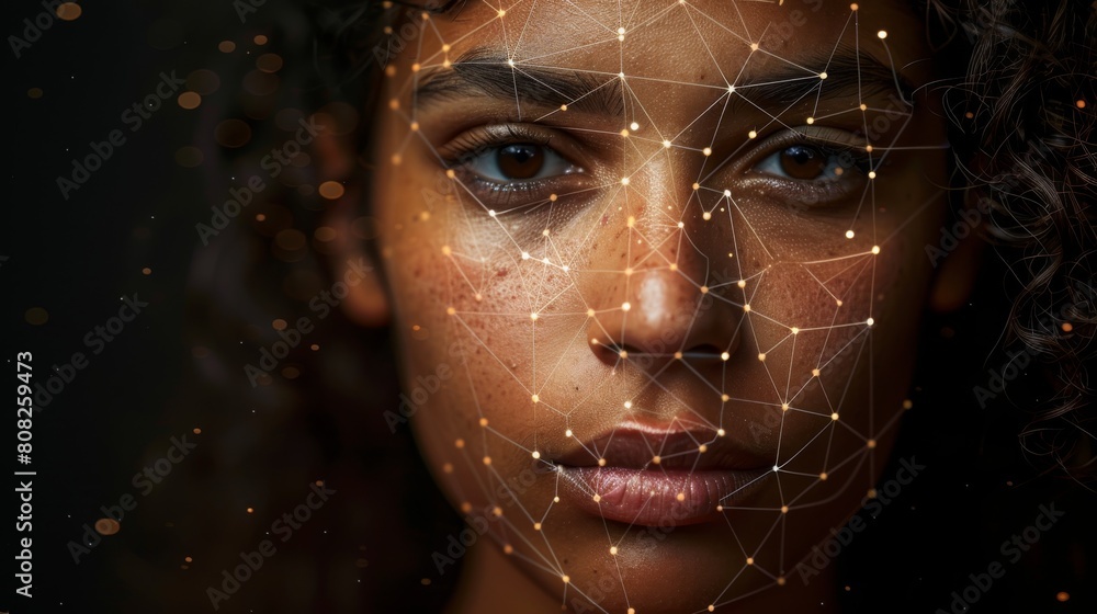 Female face scanned using facial recognition technology Female face scanned using facial recognition technology