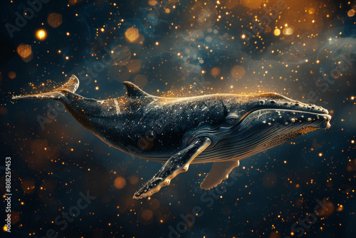 A whale floating through a sea of stars, singing the song of the universe, representing deep consciousness and emotional depth, photo