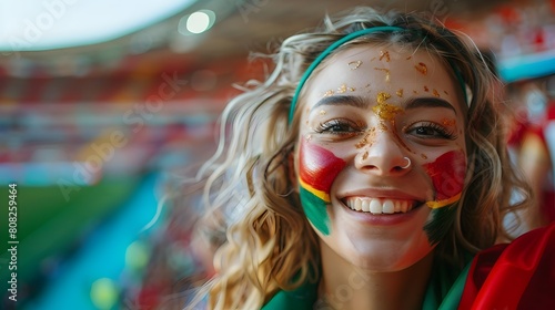 Portugal Soccer Enthusiast Celebrates with Vibrant Face Paint at Exciting Stadium Event