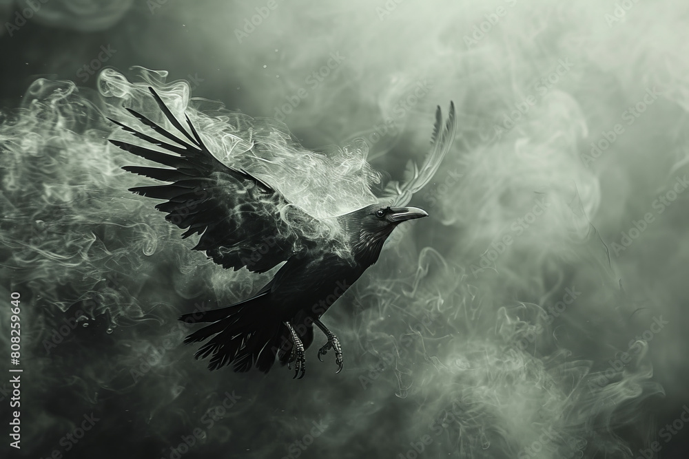 Fototapeta premium A crow with feathers that transition into shadows and smoke, flying over a landscape of surreal, warped perspectives,