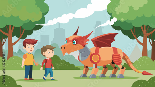 Two siblings taking their robot dragon for a walk in the park gasping in awe as it breathes out reallooking smoke.. Vector illustration