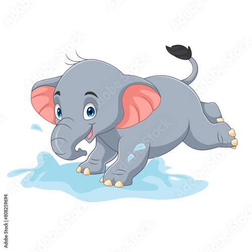 Cartoon baby elephant playing on the water