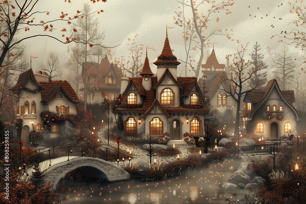 small town bridge cute house halloween enchanted forest cozy still entertainment stunning drawing seasonal gloom haven warm rendition suburban home
