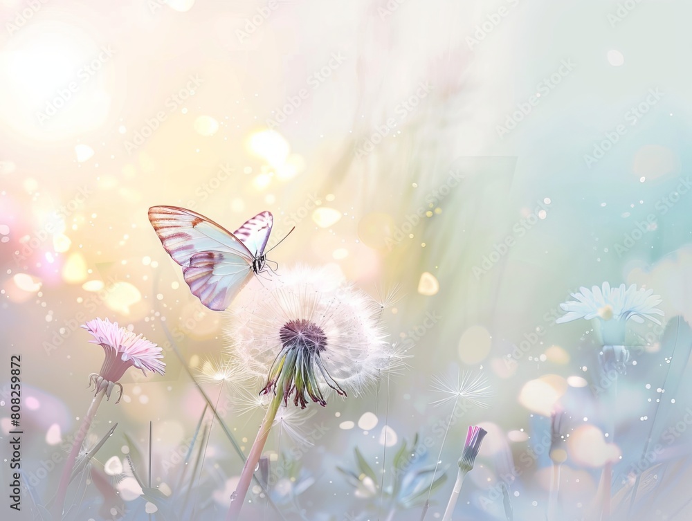 A tranquil pastel background graced by the elegance of a Morpho butterfly and the delicacy of a dandelion. Dew-kissed dandelion seeds shimmer in the light of the sunrise