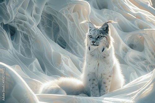 A lynx with eyes that pierce the veil between worlds, sitting silently in a snow-covered landscape that fades into abstract shapes, photo