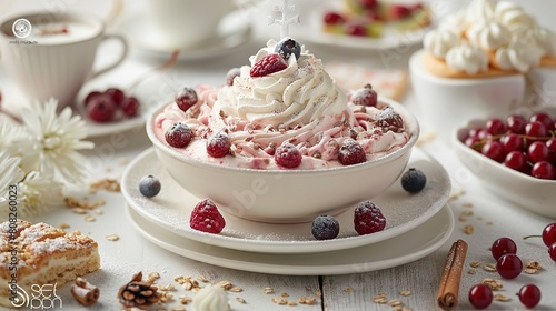  A whipped cream & cherry-topped dessert plate sits on a table, surrounded by other sweet treats