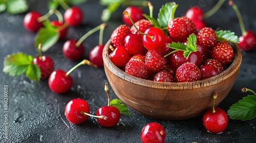   Wooden bowl overflowing with juicy cherries placed on black countertop near lush greenery