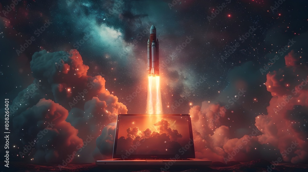 Rocket Rising Rocket Rising from Laptop Screen: A Visual Metaphor for the Ascension ...