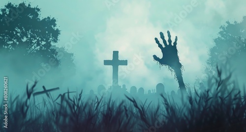 The hand of a zombie coming out from a grave, with a misty cemetery background