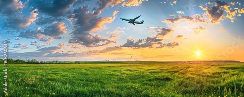 Airplane flying over lush green field at sunset. Aerial photography with copy space. Air travel and exploration concept.
