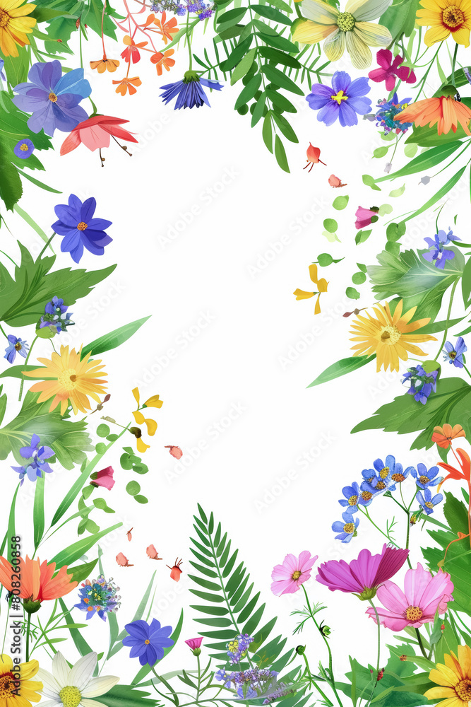 Frame of colorful summer wildflowers and green leaves. Ready to use card, template for invitation, season greeting, birthday etc. Blank space for text. Frame of colorful summer wildflowers and green leaves. Ready to use card, template for invitation, season greeting, birthday etc. Blank space for text.