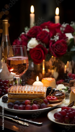 Wine and cake on the table with roses and candles in the background