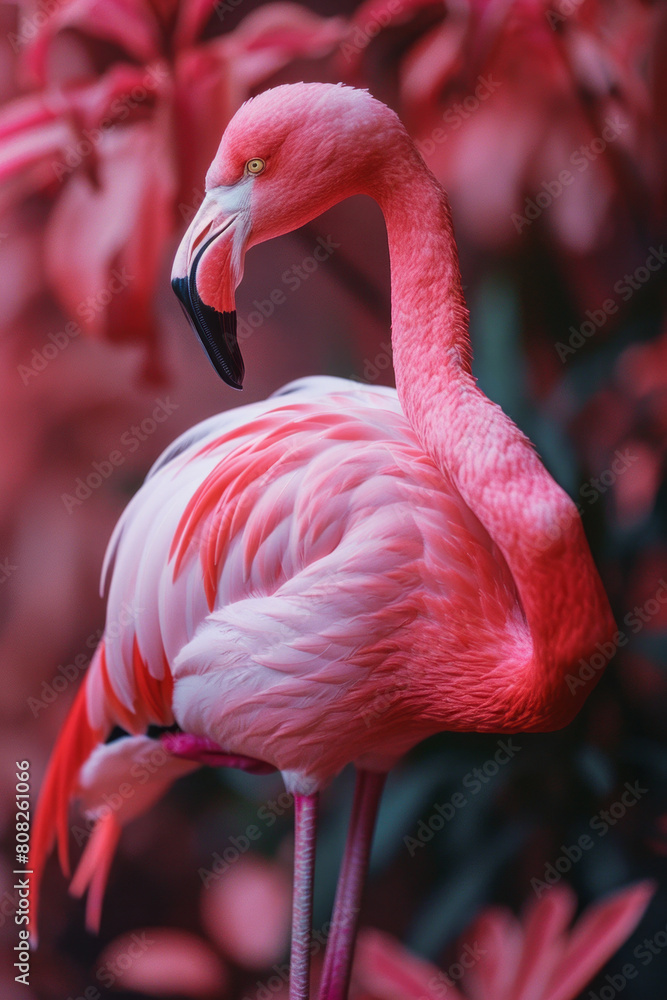 Obraz premium A pastel pink flamingo standing on one leg, serene and balanced, symbolizing grace and poise,