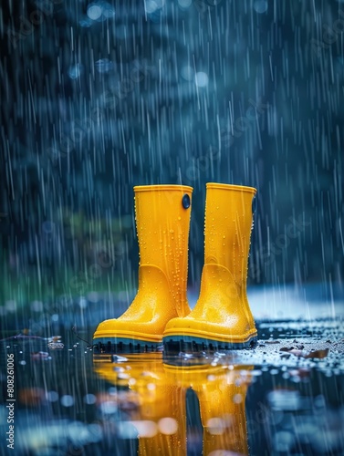Yellow rain boots standing on the ground in the pouring rain, reflections of water droplets with wet and dark background