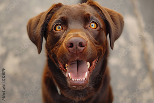 A chocolate brown dog with its tail wagging vigorously, eyes sparkling, showing eagerness and happiness, photo