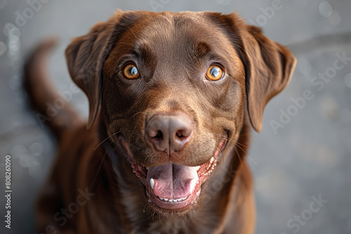 A chocolate brown dog with its tail wagging vigorously, eyes sparkling, showing eagerness and happiness,