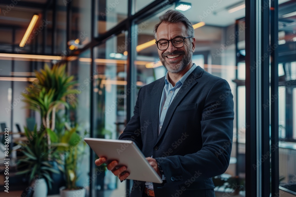 Old business man CEO with grey hair wearing suit standing in office using digital tablet. Smiling mature businessman professional executive manager looking away thinking working on tech device Old business man CEO with grey hair wearing suit standing in office using digital tablet. Smiling mature businessman professional executive manager looking away thinking working on tech device