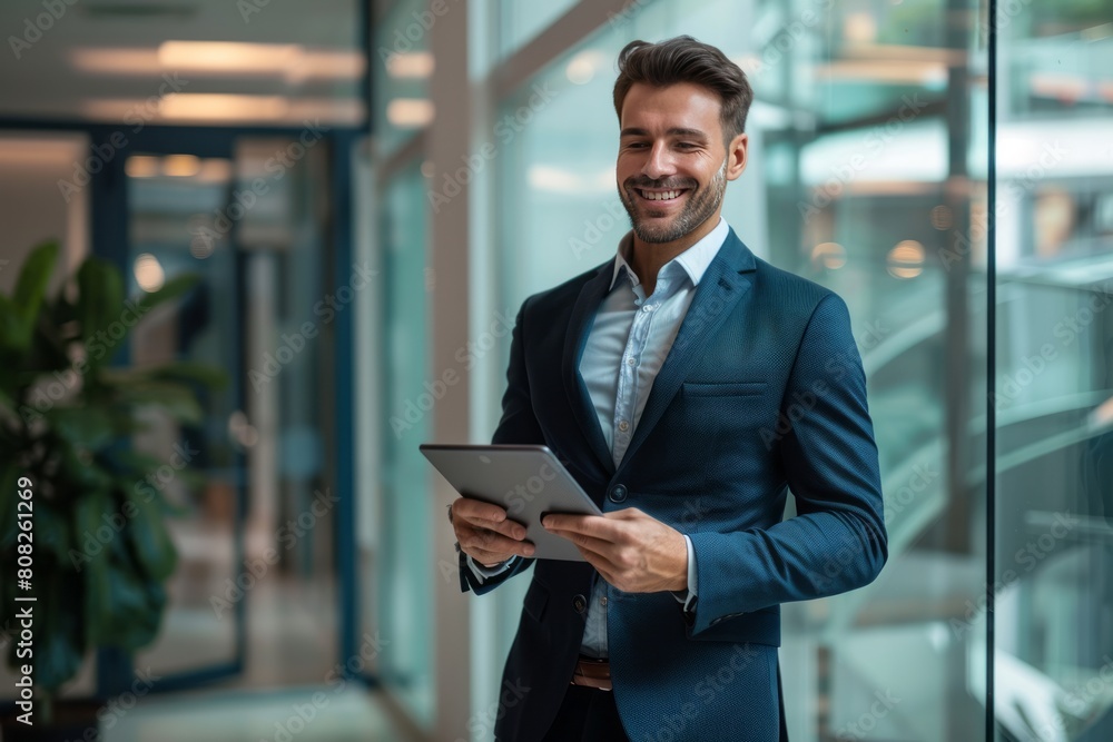 Young business man CEO wearing suit standing in office using digital tablet. Smiling mature businessman professional executive manager looking away thinking working on tech device