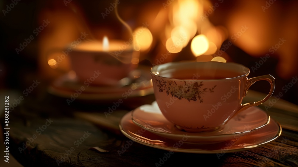 Two cups of tea hot candles in front of a fireplace with a fire in the background, the concept of home comforts Two cups of tea hot candles in front of a fireplace with a fire in the background, the concept of home comforts