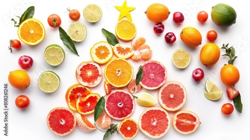 Christmas tree-shaped arrangement crafted from vibrant citrus fruits, standing out against a pristine white background, evoking holiday cheer and freshness.