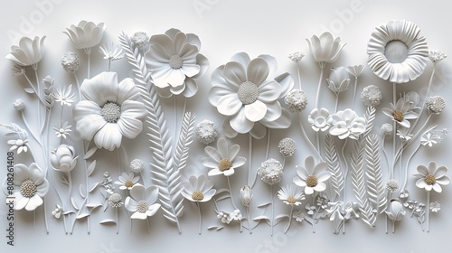 white flowers wall clay sharp floating pieces chrysanthemums city layered paper shadows #808261408