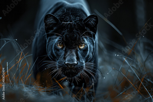 A jet black panther with a low stance and alert ears, shadowing through the night, symbolizing mystery and secrecy,